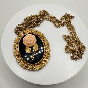 Vintage Mid Century Victorian Revival Lucite Rose Mirror Pendant Necklace